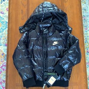 Nike kids Size 7 shiny black bomber jacket w hood